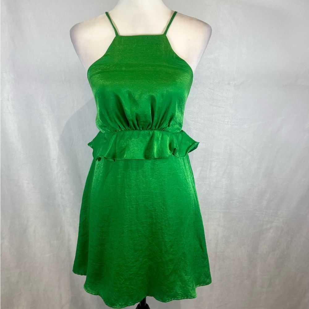 Lulus Looking Luxe Green Satin Peplum Flounce Mini Dress Size XS - Picture 5 of 10